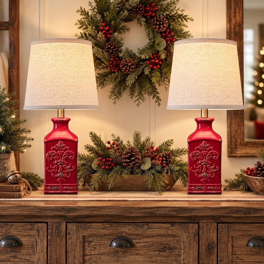 Pair Red Ceramic Table Lamps Fleur de Lis French Country Traditional No Shades